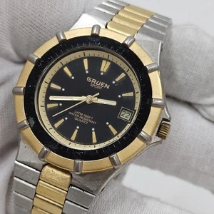 Orologio GRUEN Uomo Vintage Quarzo Subacqueo Argento/Oro Bicolore Verde Orologio da Polso - Foto 1 di 8