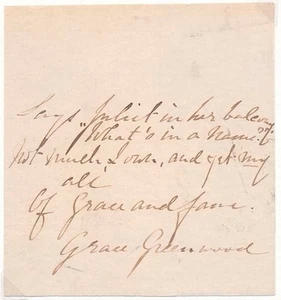 Grace Greenwood, Sarah Jane Lippincott / Cita autógrafa firmada - Imagen 1 de 1