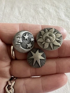 Vintage Celestial Pewter Lapel Pin 3 Pc Set Sun Moon Star Lunar Solar Faces - Picture 1 of 4