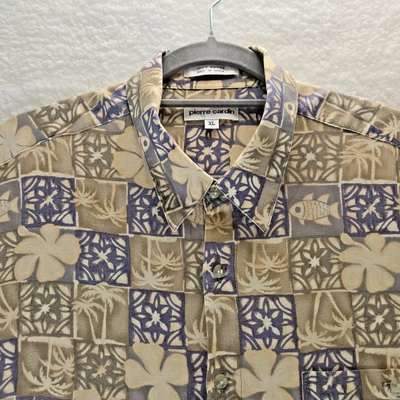 PIERRE CARDIN Mens XL Short Sleeve Shirt Rayon Tan Gray Navy Blue *READ DESCR.* - Image 1 of 4