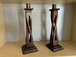2 Arts & Crafts Vintage Kerzenständer Eiche Kupferplatten Mission Style - Bild 1 von 12