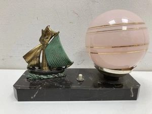 Bedside Lamp Night Light in Marble and a Brass Ship. Art Deco/Nouveau - Picture 1 of 9