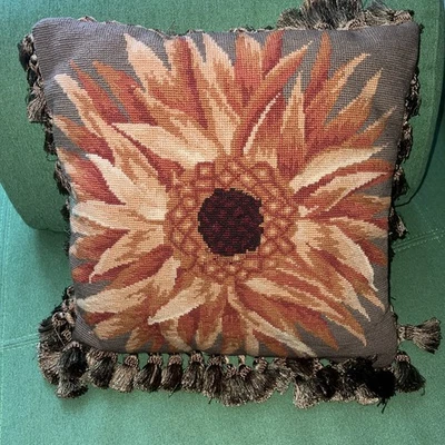 VTG Ethan Allen Sunflower Wool Needlepoint Pillow With Royal Tassels 16x16” - Image 1 of 4