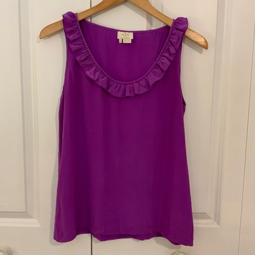 Top senza maniche Kate Spade donna viola seta scollo a scoop con volant taglia 8