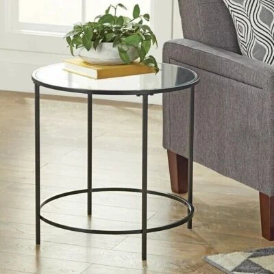 Round Glass Side Table Metal Black Sofa End Table Indoor Accent Coffee Table US - Image 1 of 4