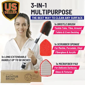 Shower Scrubber 3 in 1 Extendable Long Handle 58" Cleaning Brush - Non Scratc... - Picture 1 of 7