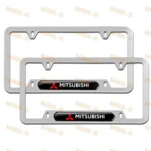 New For 2PCS MITSUBISHI Black Silver License Plate Frame Stainless Steel Metal - Picture 1 of 5