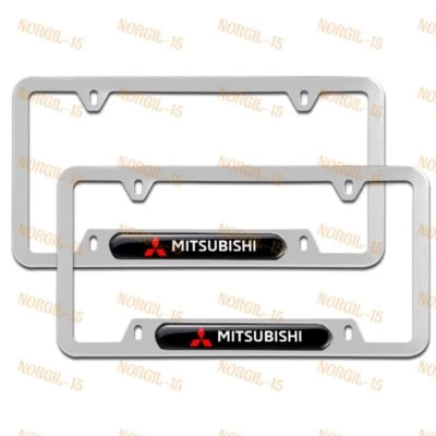 New For 2PCS MITSUBISHI Black Silver License Plate Frame Stainless Steel Metal - Image 1 of 4