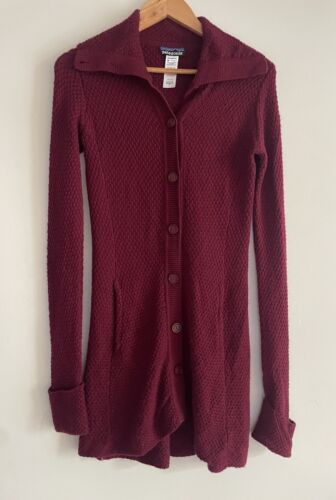 PATAGONIA 100% Merino Wool Button Up Long Knit Cardigan Burgundy Ladies Size S