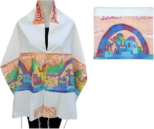 Elegant Hand Painted Silk Tallit Tallis in Peach + Colorful Jerusalem Skyline - Picture 1 of 6