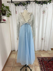 Vtg House of Quaker Peignoir Set Lingerie Robe & Gown Blue Ecru Lace sz 34 - 4/6 - Picture 1 of 12