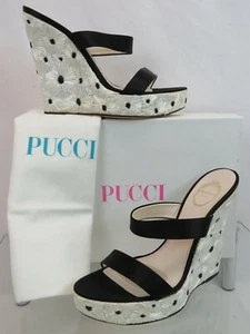 SANDALIA CUÑA PLATAFORMA FLORES PAJA BLANCO SATINADO NEGRO EMILIO PUCCI 783999 38 - Imagen 1 de 12
