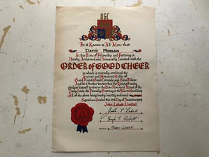 Order Of Good Cheer, 1949 Labatt Brewery: Signed By John, Hugh For David Morgan - Bild 1 von 3