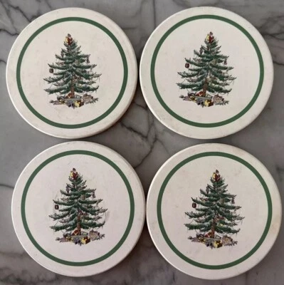 SPODE Christmas Tree Round Corkback Ceramic Coasters  Set Of 4 Vintage - Image 1 of 3