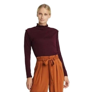 Who What Wear Women's XL Ruffle Trim Slim Fit Long Sleeve Mock Neck Dark Red Top - Picture 1 of 7