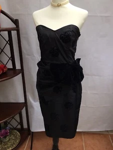 Vintage 80s Monsoon Twilight 8/10 Black Devore Rose Boned Party Cocktail Dress - Picture 1 of 8
