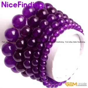Purple Jade Beaded Round Gemstone Bracelet Jewelry 7.5" Unisex Christmas Gift - Picture 1 of 30
