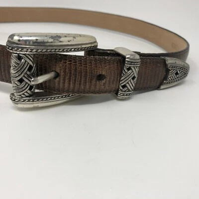 BRIGHTON Womens Medium Brown Leather Belt Style 38909 Basket Weave Silver Buckle - Image 1 of 4