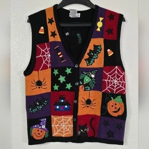 Vintage Halloween Sweater Vest Large Sequin Embroidered Witch Pumpkin NWT - Picture 1 of 6