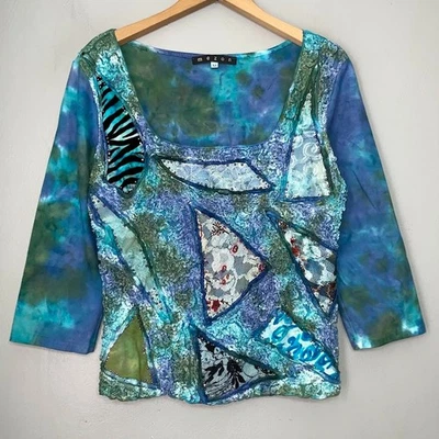 Mezon Size XL Blue Textured Embellished Wearable Artsy Mixed Media Top Tie Dye - Image 1 of 4