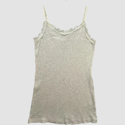Vintage Y2K Lace Trim Tank Womens Medium Beige Ribbed Strappy Boho Romantic Cami - Image 1 of 4