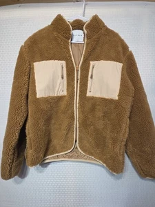 NWT Topman Sherpa Fleece Jacket Men’s S Brown Tan Teddy Full Zip Chest Pockets - Picture 1 of 14