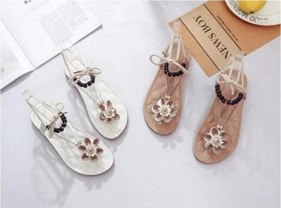 Summer Fashion Joker Tie Pearl Flower Bohemia Beach Resistant Slip Sandals Shoes - Image 1 of 3
