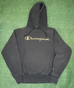 Champion Reverse Weave Hoodie Black & Gold Logo Spell Out Herren Medium Gebraucht - Bild 1 von 8