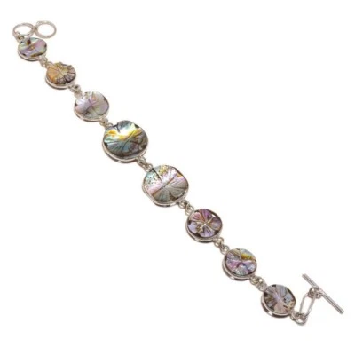 Natural Mother of Pearl Gemstone Handmade Engraved Flower Statement Bracelet - Image 1 of 3