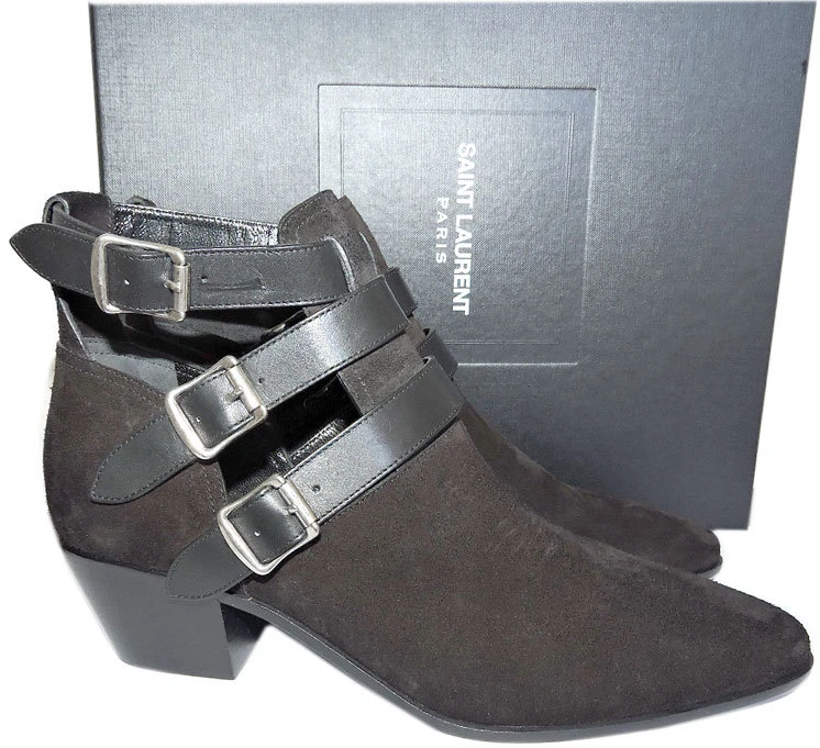 YSL Saint Laurent Beige Suede Rock 3 Buckles Ankle BOOTS Riding Bootes 37 PUMPS