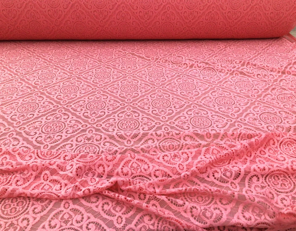 Embroidered Stretch Lace Apparel Fabric Sheer Diamond Rose Pink UU514 - Image 1 of 1