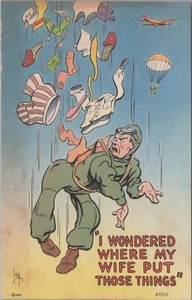 Soldier Parachuting Wife Put Those Things Military c1940s Comic Postcard 11361.3 - Picture 1 of 7