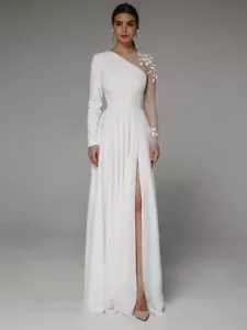 Boho Long Sleeve illusion High Slit A Line Bridal Gown Wedding Dress - Picture 1 of 6