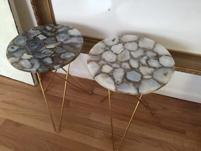 "Mesa auxiliar redonda azul ágata blanca par de dos patas doradas piedra mármol 16x22,5""" Foto 1 de 4