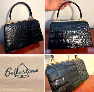 Vintage 1960's BELLESTONE Genuine Black Crocodile Skin Leather -Lined Handbag - Picture 1 of 21