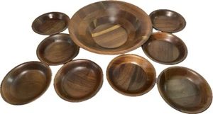 Vintage Walnut Wood Salad Bowl Set 9 Piece Vermilion Solid American MCM Serving - Picture 1 of 22