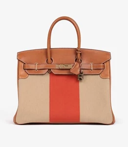 Hermès Fauve Barenia Leather, Natural & Orange Toile Canvas Flag Birkin 35cm - Picture 1 of 11