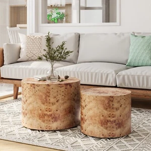 Modern Round Coffee Table, Wooden Circle Accent Tables,Drum Side Table,set of 2 - Picture 1 of 8