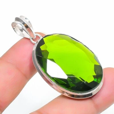 Faceted Peridot Oval Shape Gemstone 925 Sterling Silver Jewelry Pendant 1.90" f2 - Image 1 of 4