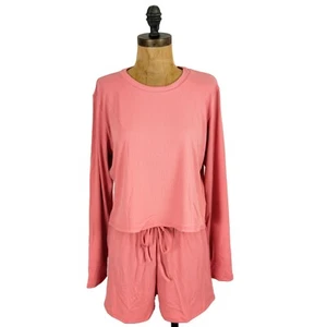 CAPELLA Pijama Loungewear Set L Acanalado Manga Larga Top/Pantalones Cortos Rosa Nuevo con Etiquetas B2 - Imagen 1 de 5