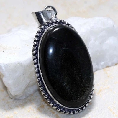 Colgante de joyería de obsidiana negra enchapado en plata 925 hecho a mano tamaño 1,8" GW Foto 1 de 3
