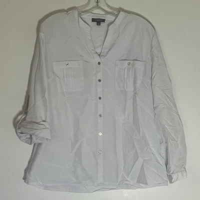 Elementz Top Womens Large White Button Up Roll Tab Sleeve Mock Neck Shirt Casual - Image 1 of 4