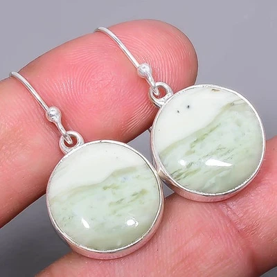 Serpentine Gemstone 925 Sterling Silver Handmade Jewelry Earring 1.56" A36 - Image 1 of 4