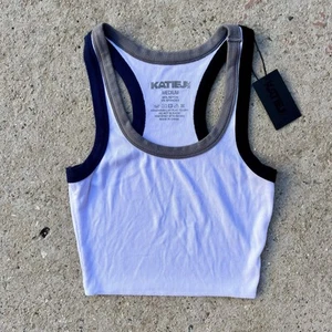 NWT Katie J NYC Livi ribbed Tank White Multi Trim Size M Tween Cropped Sporty - Picture 1 of 8