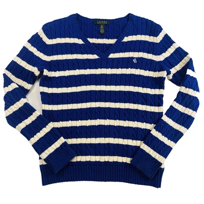 Lauren Ralph Lauren 电缆针织毛衣女式 M 蓝色白色条纹 V 领标志 — 第 1/4 张图片