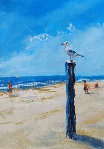 Galveston Beach 8x12" Oil Painting with Seagull Handmade Original Minimalistic - Picture 1 of 3
