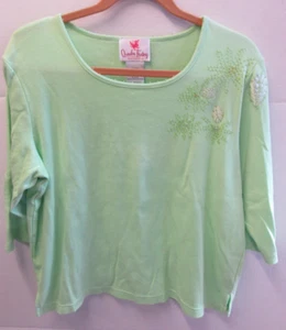 Quacker Factory Women T Shirt Top L Blouse 3/4 Sleeve Round Neck Lt Green Beaded - Picture 1 of 7