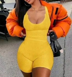 Womens Size 12-14 Yellow Ribbed Bodycon Unitard Romper Playsuit 1 Piece Notch L - Picture 1 of 3