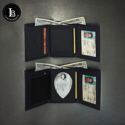 Genuine Leather RFID Blocking Police Badge Holder Trifold Wallet Black with ID - Image 1 of 4