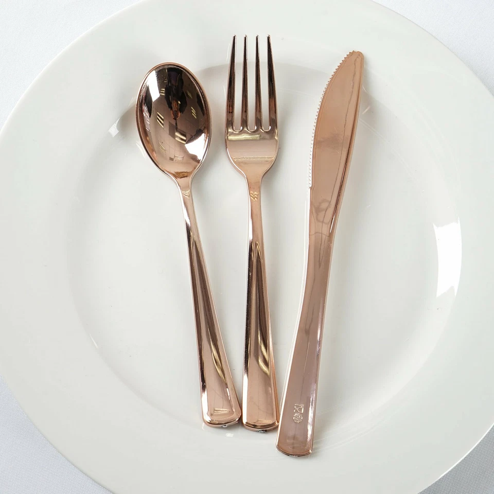 Cucharas de plástico duro oro rosa tenedores cuchillos cubiertos desechables fiesta boda Foto 1 de 4